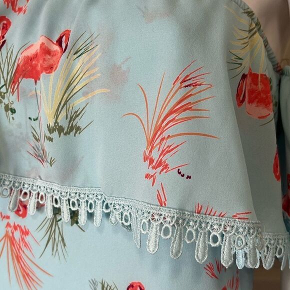 Everly off the shoulder summer dress pink flamingos Dress size Small - Picture 8 of 9